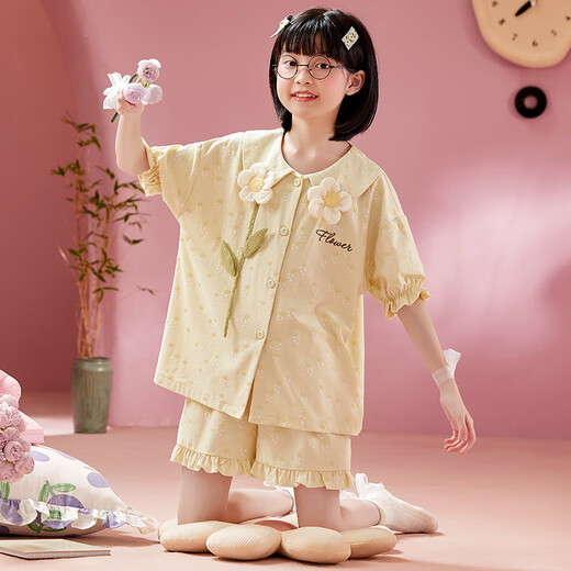 曼妮朵女童睡衣夏季纯棉小女孩新款儿童家居服宝宝开衫短袖短裤套装薄款 B4877绿【双短】 120cm 12码建议115-125cm