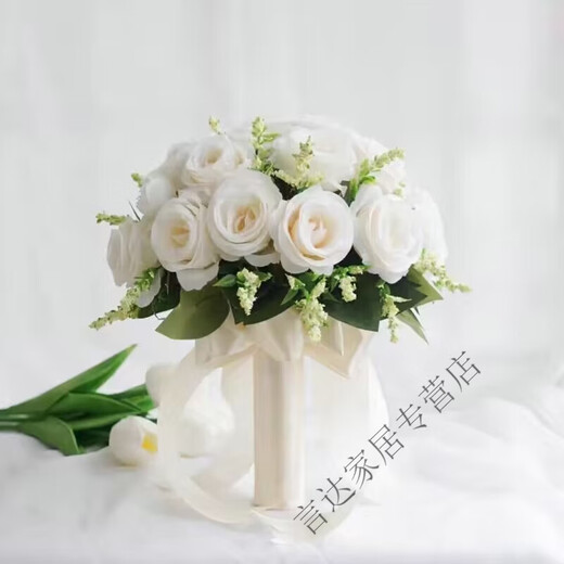 CLCEY新款森系茶花苞仿真白色玫瑰花婚纱拍照摄影新娘结婚庆订婚手捧花 荷兰之恋