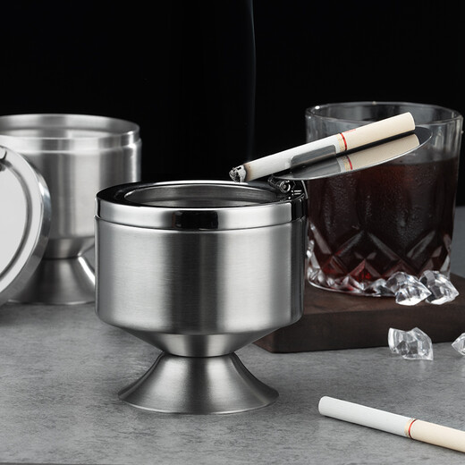 B&y new ashtray for home use, stainless steel ashtray with lid and feet, creative home living room, personalized trendy office ashtray with lid, feet, anti-fly ash BY244 original color