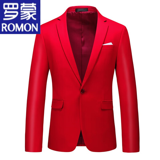 ROMON Men's White Large Size Business Formal Suit Korean Style Slim Color Red Suit Groom Wedding Dress White 2XL