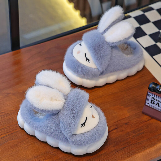Candy astringent parent-child winter children's cotton slippers, cute rabbit warm plus velvet for boys and girls at home, non-slip soft bottom baby cotton slippers, cute rabbit slippers - pink, size 32-33, inner length 19.5cm