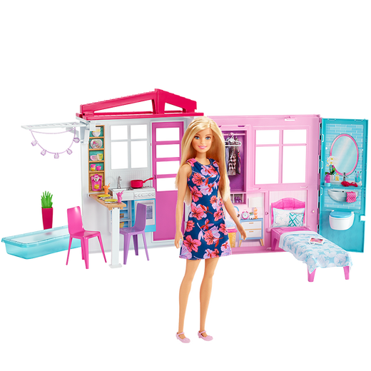 【7成新】芭比(Barbie)儿童玩具女孩礼物过家家玩具小公主洋娃娃城堡别墅换装娃娃房子-芭比娃娃之闪亮度假屋FXG55