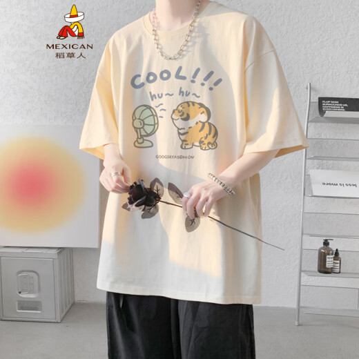 稻草人t恤短袖男生夏季2025新款男装潮牌潮流青少年宽松半袖上衣服 黑色DT9794 M