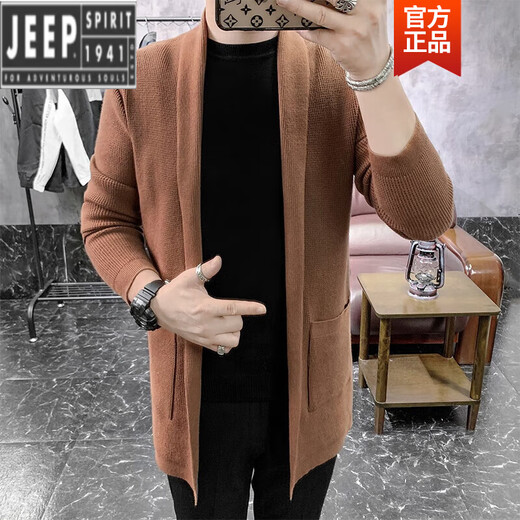 吉普（JEEP）高档成熟稳重男装针织开衫男春秋款潮流韩版毛衣外套中长款毛线风 深灰色 M