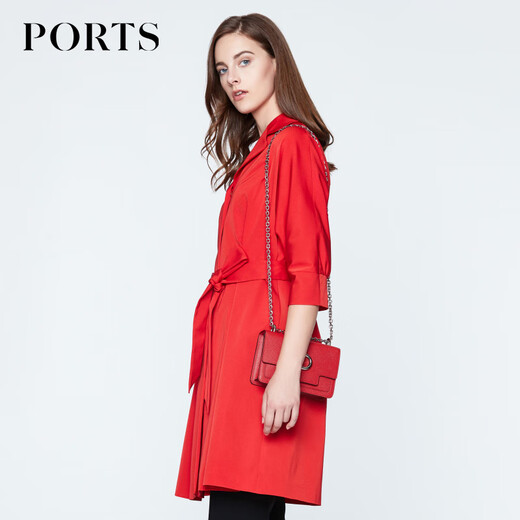
PORTS New Product Women's Simple Lapel Medium-Length Trench Coat LN8T022HWB015 Flame Red-2 S (4)