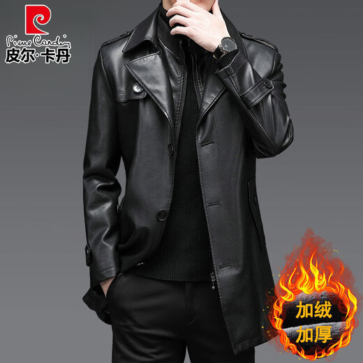 Pierre Cardin Light Luxury Winter Leather Coat Men's Mid-Length Velvet Thickened Leather Coat Middle-aged Dad's Leather Windbreaker Men's Outerwear Black L 175