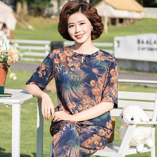 安梦影棉绸中老年女装中袖棉绸套装大码中老年夏季衣服女时尚妈妈装两件 橄榄绿 9226 25 3xl 1-140斤