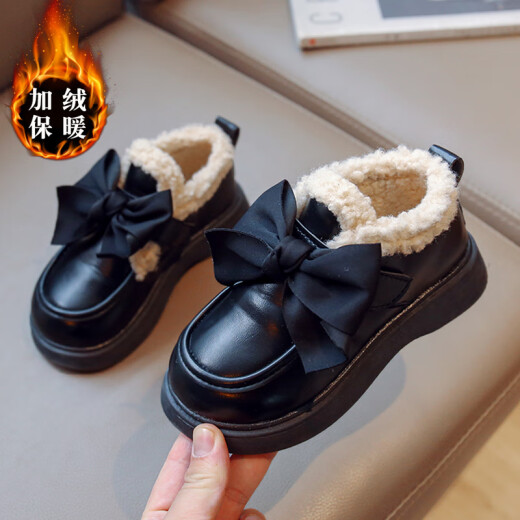 Brand code-breaking girls' small leather shoes 2024 autumn and winter new children's velvet warm cotton shoes princess style black British brown size 36