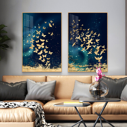 YIJLJ北欧轻奢客厅装饰画现代简约餐厅背景墙两联蝴蝶壁画卧室床头挂画 比翼双飞11172-1/11172-2 50*70晶瓷铝合金框金框