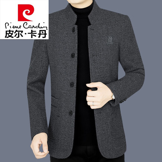 Pierre cardin spring and autumn short thickened wool woolen coat men's coat middle-aged dad business casual top Korean knitted dark gray 185/XXL