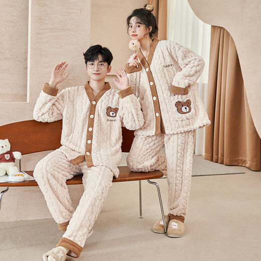 Langsha Couple Pajamas Autumn and Winter Men and Women Coral Velvet Warm Plus Velvet Thickened Cartoon Cute Loose Flannel Home Clothes Cartoon Bear 2XL Women's Style