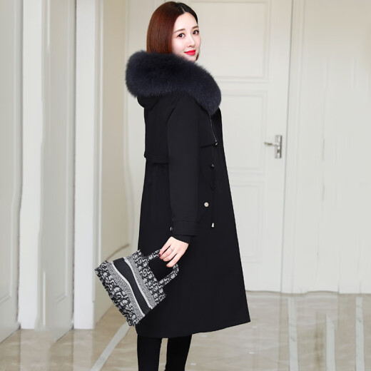 OKOJ brand fur coat women's mid-length over-the-knee removable rabbit fur liner to overcome fashionable slim coat black 3XL
