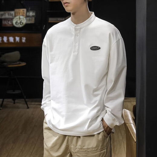 Jeanswest Autumn heavyweight pure cotton Henley collar long-sleeved T-shirt men's spring and autumn sweatshirt American bottoming men's polo shirt top trendy white plus velvet L suitable for 130-145Jin Jin equals 0.5 kg