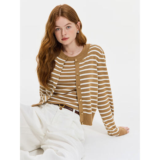 Fan Silann striped knitted cardigan jacket for women in autumn and winter 2024 new sweater vest two-piece set 14105 black cardigan S