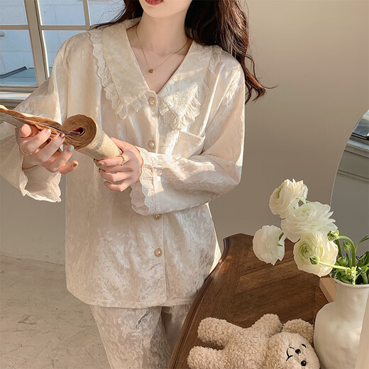 浪莎金丝绒睡衣女秋季女款2025新款长袖长裤甜美公主风花边春夏款夏季 SMSD-9926-姜黄 L(建议100-120斤)