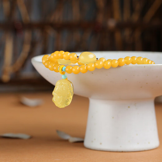 Longyin Natural Beeswax Bracelet Raw Mineral Amber Bracelet for Women and Men Pixiu Baltic Sea Birthday Gift CS Pixiu Style Three Circles