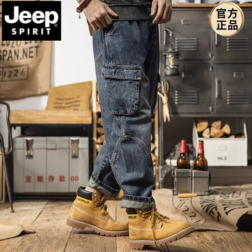 JEEP SPIRIT美式重磅复古工装牛仔裤男士宽松直筒潮牌大码多口袋哈伦休闲长裤 复古蓝 【尺码偏大】 XL 【建议130-145斤】