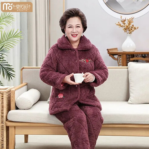 
Modal middle-aged mother thickened coral velvet middle-aged and elderly winter loose large-size cotton pajamas for women warm home clothes set 683 purple new mid-length hooded XL 120-140Jin [Jin equals 0.5 kg] Three-layer thickened