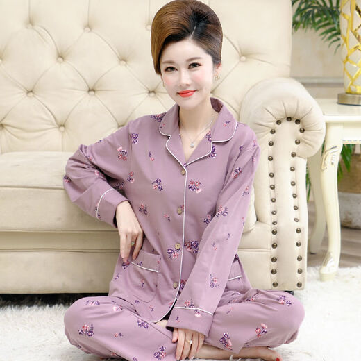 莫代尔中老年妈妈女士睡衣女棉质长袖中年春秋季薄款开衫大码家居服套装 9928JS M 建议80-95斤