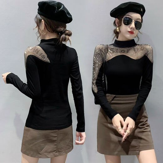 
Suiyu Yiwu base shirt for women, you can wear a half-high neck base shirt for women in autumn and winter 2024 new heavy industry diamond-inlaid T-shirt black 3899# plus velvet [plug-up velvet mesh fabric XL recommended 110-120Jin [Jin equals 0.5 kg]