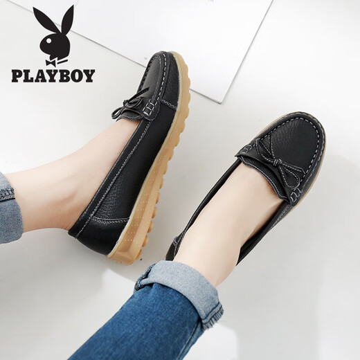 Playboy (Playboy) Damenschuhe Herbst Herbst bequeme Soft alleinige Schuhe Frauen Mode Krankenschwester kleine Lederschuhe Frauen Freizeitschuhe Frauen 1615 Schwarz 38