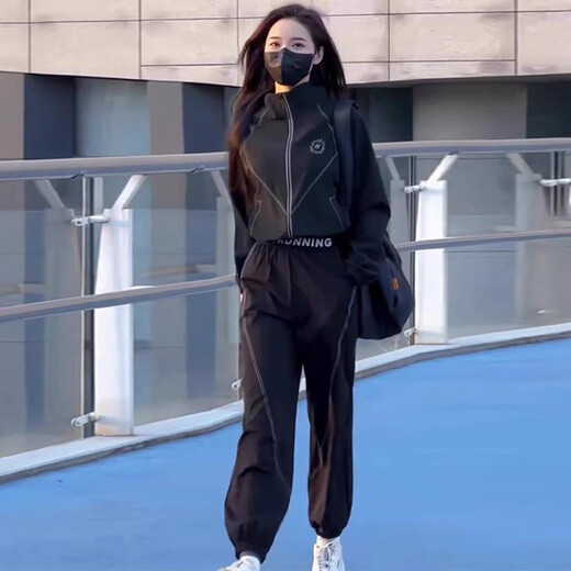 荧蒂（YINGDI）欧货休闲运动套装女2025年新款春秋时尚洋气跑步运动服两件套显瘦 黑色 XL