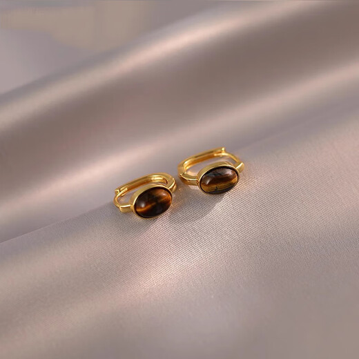 LANSILL retro unique tiger eye stone earrings for women 2025 new niche high-end ear buckle oval small Maillard earrings E3732 Maillard tiger eye stone ear buckle
