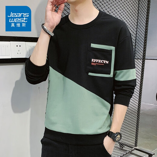 Jeanswest sweatshirt men's spring and autumn round neck loose pullover hoodless 2026 new spliced ​​bottoming shirt long-sleeved t-shirt for men 21116 grass green 2XL