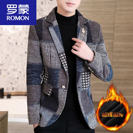 ROMON men's velvet thickened small suit tailored autumn and winter woolen coat Korean style casual set with suit gray L 170