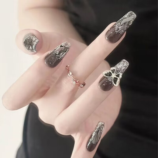 春夏高级感假指甲可拆卸可摘美甲甲片成品穿戴式指甲贴蝴蝶穿戴甲 L15260温柔山茶蝴蝶【长款】 美甲胶水款