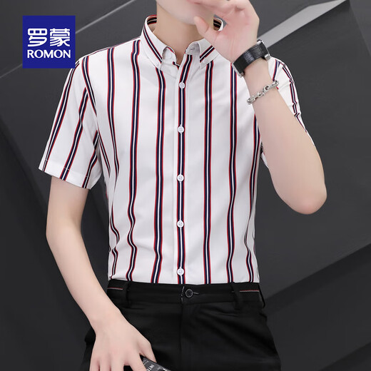 
Romon ice silk short-sleeved shirt men's summer cool feeling, no ironing, anti-wrinkle business casual slim half-sleeved shirt top white thin strip XL
