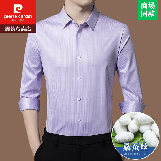 皮尔卡丹（pierre cardin）高级感100%桑蚕丝长袖衬衫男士2023秋季条纹商务正装衬衣男免烫 BY9901款-兰格 170/50【适合体重120-135斤】