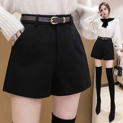 FOX.G black shorts for women for autumn and winter casual loose leggings showing long legs for girls women's commuter suit pants black button elastic waist woolen shorts without belt M recommended 100-115 Jin Jin equals 0.5 kg