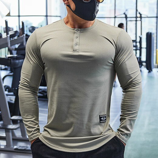 Lutielang fitness clothes men's long-sleeved sports T-shirt tights quick-drying elastic breathable training bottoming shirt autumn and winter military green L