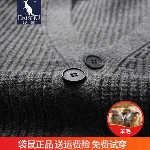 袋鼠针织开衫男秋冬羊毛保暖时尚外套中青年V领外穿毛衣粗针厚款潮 深灰 XL/175