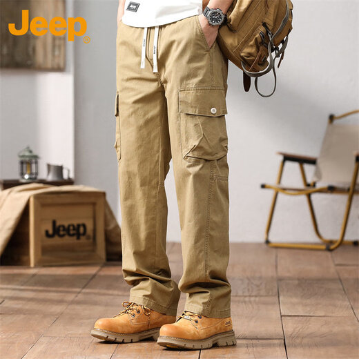 Jeep (JEEP) overalls men's autumn and winter casual pants men's loose trendy pure cotton straight-leg men's pants Khaki XL
