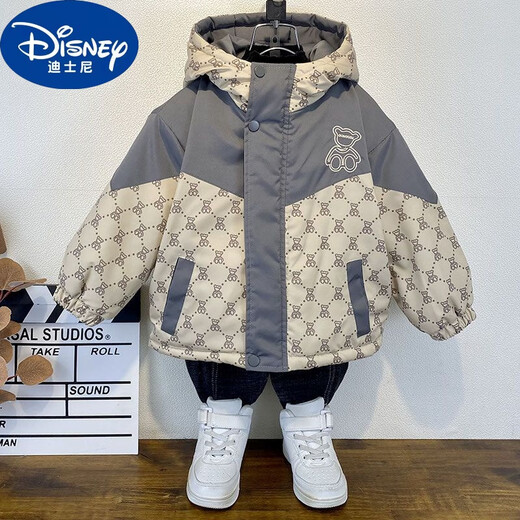Disney boys autumn and winter plus velvet jacket 2023 new fashionable children's winter thickened cotton jacket handsome baby cotton clipping paradise khaki bear digital cotton coat 150cm