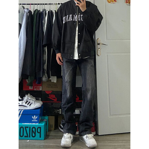 7 Jeans lavés américains de haute qualité pour hommes d'automne et d'hiver nouveau style large largeur tendance High Street Casual Straight Work Travail WKXS-K683 Black S