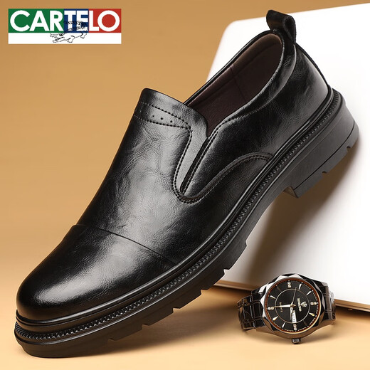 卡帝乐鳄鱼（CARTELO）皮鞋男款2025新款商务正装休闲鞋真皮软底一脚蹬透气中年爸爸鞋子 3527黑色 39