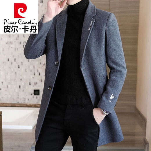 Pierre Cardin high-end brand woolen coat men's mid-length windbreaker winter thickened British high-end suit collar woolen coat 909 black cotton 3XL 161-175Jin Jin is equal to 0.5 kg