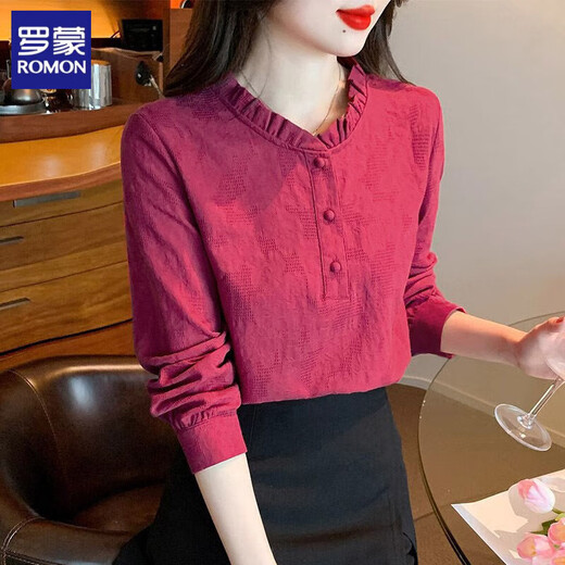 ROMON lotus leaf collar jacquard cotton shirt spring and autumn 2026 new women's all-match bottoming shirt slim long-sleeved shirt top red L size recommended 100-115 Jin Jin equals 0.5 kg