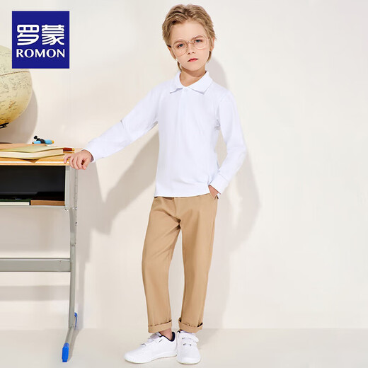 Luo Meng children's velvet polo shirt for boys and girls white T-shirt winter long-sleeved campus wear white velvet 140