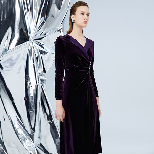 Aiteai Lapel Waist Asymmetric Slit Velvet Dress Autumn and Winter New Dinner Women's Clothing 7577213 Soft Purple 98 M 160