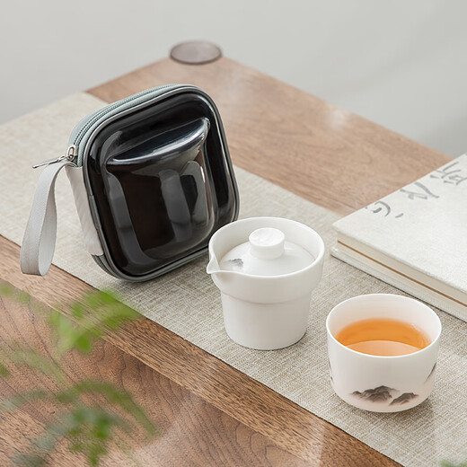 Gold inlaid jade travel tea set, portable single person kung fu set, outdoor simple tea making cup, companion