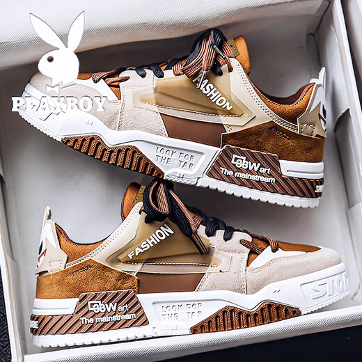 花花公子鞋子男款2025秋冬季男鞋新款休闲板鞋男士百搭厚底增高运动鞋 白棕色 39