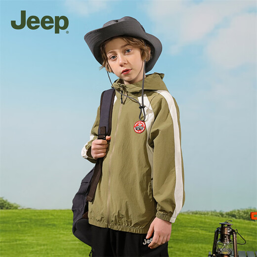 Jeep children's clothing children's sun protection clothing for boys and girls outdoor tops 2025 new style breathable and cool thin jacket for middle and large children, light military green 160 cm