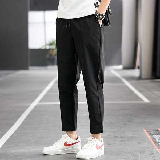 乔克杰夏季薄款男士装抗皱休闲潮垂感小脚易穿百搭显瘦宽松运动九分裤子 黑色 M