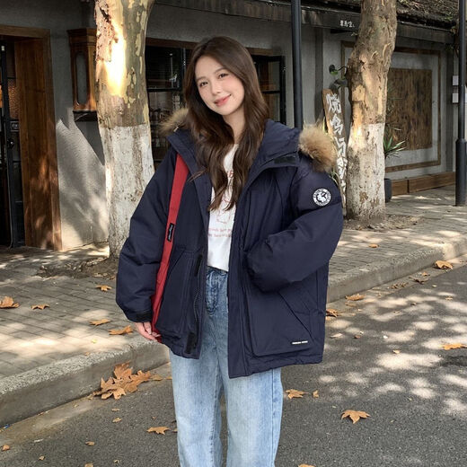 Guilanzi short down jacket for women winter 2025 new small white duck down work jacket thickened fur collar coat navy blue M 110-135Jin Jin equals 0.5 kg