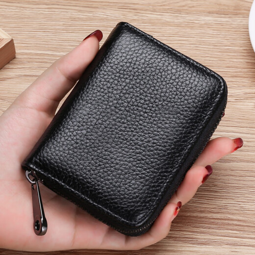 QIGER genuine cow pickup bag men's anti-degaussing card holder ultra-thin anti-theft ID bag large capacity women's bank card compact card holder mirror window style black [20 grids + 2 mirror windows]