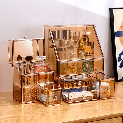 KAMAN glass cosmetic storage box drawer-type dust-proof makeup brush lipstick skin care product storage rack Valentine's Day gift small brown box classic three-piece set